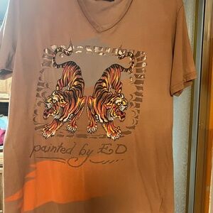 Ed Hardy Brown V-Neck T-Shirt with Tiger Design Authentic size XL
